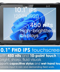 Built Tough 10.1 Inch Rugged Tablet With Windows 11 Pro And Intel Core I5 Processor 8GB Ram 256GB Storage Killer 1D 2D Barcode Scanner showing 10.1 inch FHD IPS touchscreen with 450 nits brightness.