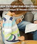 Child assembling Dope 3D Wooden Puzzle And Mechanical Model Kit For DIY Builders with adult supervision, holding wooden pieces and instructions.