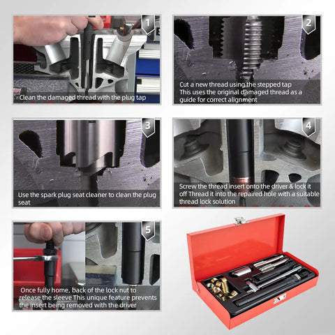 Ready To Roll M14x1.25 Spark Plug Thread Repair Kit With 9.4mm And 15mm Inserts 20 Piece Set Includes Drill Taps Tap Holder Insert Installer Wedge And Storage Case For Cars Lawn Mowers And Small Engines, shown with repair steps and red case