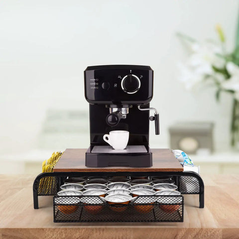 Rustic K Cup Holder And Storage Drawer With Side Baskets 30 Cup Capacity Wood Top Coffee Station Organizer For Kitchen Or Office