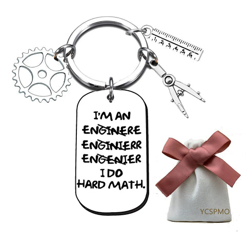 Engineering Keychain For Men A Funny Mechanical Gift For Engineers with engraved text and gear, compass charms on a stainless steel ring.