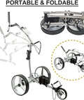 Electric Golf Push Cart With Wireless Remote And Three Wheel Frame, shown in portable and foldable design for easy transport.