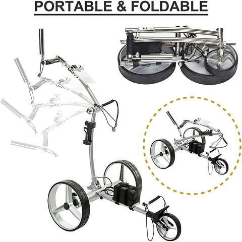 Electric Golf Push Cart With Wireless Remote And Three Wheel Frame, shown in portable and foldable design for easy transport.