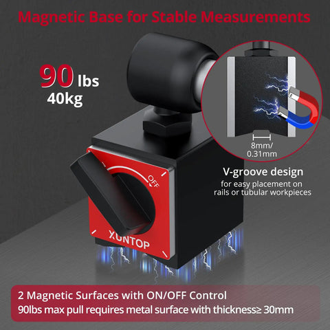 Dial Test Indicator With Magnetic Base For Lathe CNC 3D Printer Table Saw, High Precision 0.03 Inch Range And 0.0005 Inch Accuracy, showing 90 lb magnetic pull with V-groove design.
