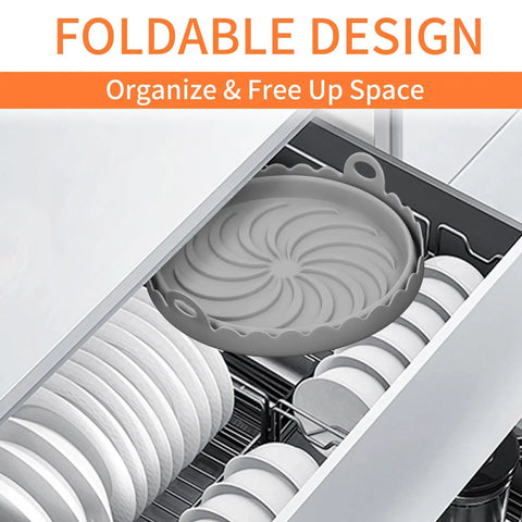 Round Silicone Air Fryer Liners For AF101 Compatible Fryers in a dishwasher with plates, showcasing foldable design and easy storage.