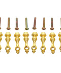 Sturdy Metal Spindles and Glass Railing Post Bolts Set with 8 gold spindles and screws for furniture projects.
