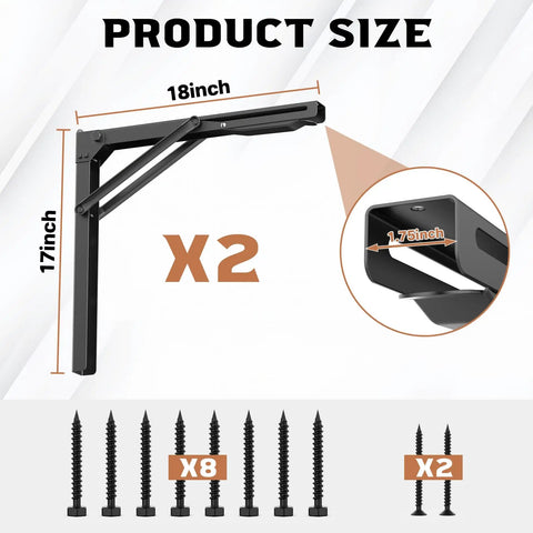 18 Inch Heavy Duty Wall Shelf Brackets Built Tough Rock Solid Collapsible Bracket Kit with screws and measurements.