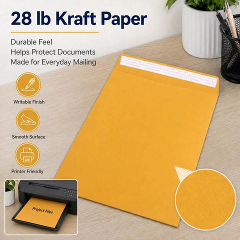 10x13 Inch Kraft Mailing Envelopes With Gummed Seal Closure 28lb Heavyweight Manila Catalog Envelopes for office use on desk