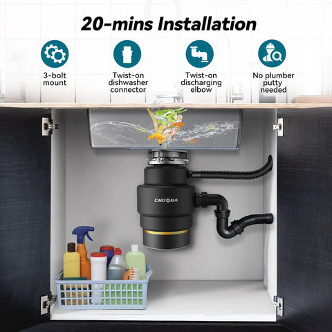 3/4 HP Continuous Feed Garbage Disposal With Whisper Quiet Operation installed under sink with dishwasher connection, black