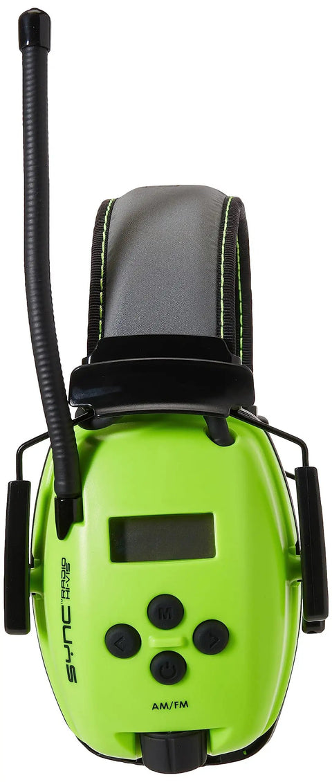 Sync Hi Visibility Digital AM FM Radio Earmuff With LCD Tuning 10 Presets Volume Memory And Bright Yellow Green Safety Headband
