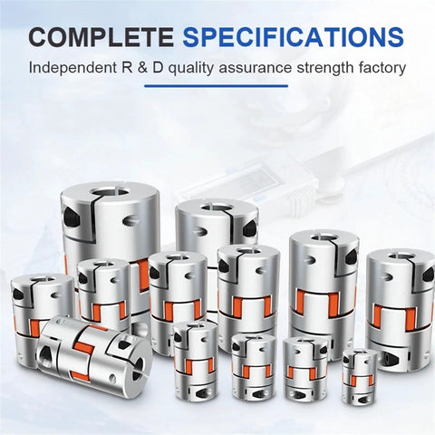 Top Tier LF Two Jaw D20L25 Aluminum Plum Flexible Shaft Coupler for 3D Printers and CNC Machines, various sizes showcased.