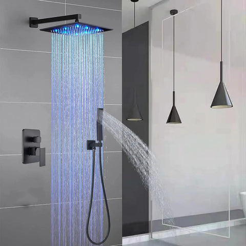 Matte Black All-In-One Shower System With 12-Inch LED Square Rain Shower Head And Handheld Spray, 14.5-Inch Arm, 1.5m Hose, Wall Mounted