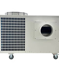 Heavy Duty Portable Air Conditioner With Rollin Wheels And Hella Cooling Power For Commercial Shops And Outdoor Hangouts Runs On 220V Three Phase Voltage, side view, showcasing durable casters.