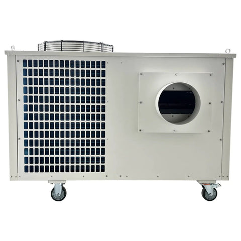 Built Tough Heavy Duty Industrial Portable Air Conditioner 51100 Btu Commercial Spot Cooler side view with hose outlet and wheels.