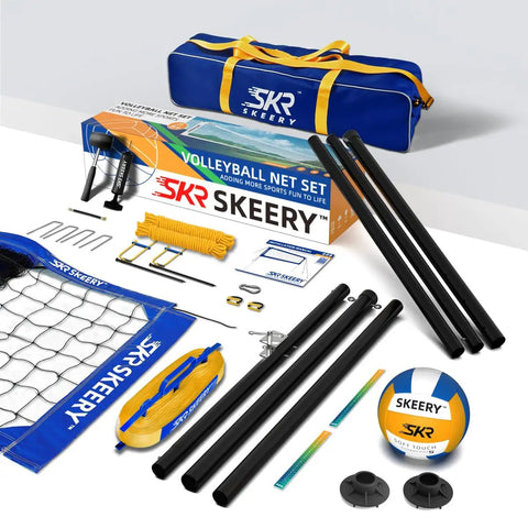 Heavy Duty Outdoor Volleyball Net Set With Anti Sag Design And Adjustable Aluminum Poles Portable Backyard Beach Net System Blue For Grass And Sand Easy Setup And Sturdy Stands For Competitive Play displayed with components