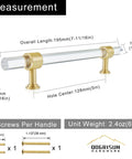 5 Pack Acrylic Cabinet Pulls With Brass Base Crystal Clear Glass Handles In Gold Finish For Modern Kitchens And Dressers, showing measurements