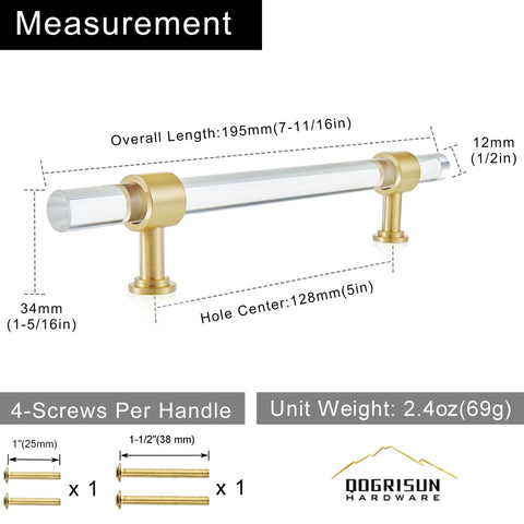 5 Pack Acrylic Cabinet Pulls With Brass Base Crystal Clear Glass Handles In Gold Finish For Modern Kitchens And Dressers, showing measurements