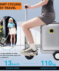 Straight Fire Rideable Electric Suitcase 20 Inch Smart Carry On Luggage For Adults Premium Aluminum Build with rider on top.