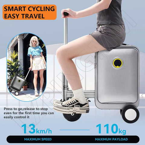 Straight Fire Rideable Electric Suitcase 20 Inch Smart Carry On Luggage For Adults Premium Aluminum Build with rider on top.