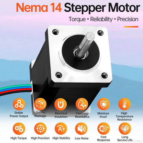 Nema 14 bipolar two-phase stepper motor with black body and silver faceplate; 53mm frame, 24mm shaft, multicolor wires.