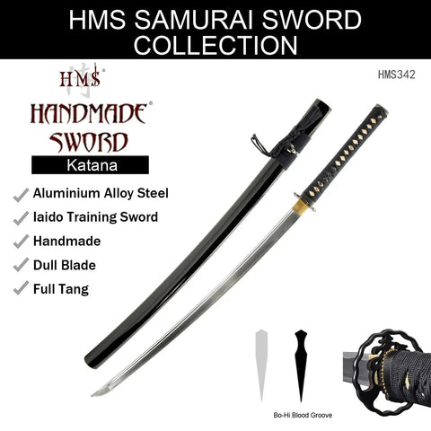 Unsharpened Aluminum Alloy Katana Iaito For Iaido Training Safe Practice Sword with 28.3 Inch Blade Fuller Groove displayed
