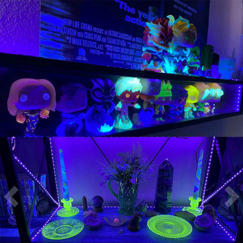 40ft Flexible UV Black Light Strip With LED Kit illuminating figurines and decorations on a shelf, showcasing vibrant glow effect.