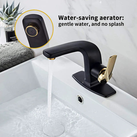 Modern Matte Black Bathroom Faucet With Single Lever Handle For 1 Hole Sink On 6 Inch Deck, water flowing from spout