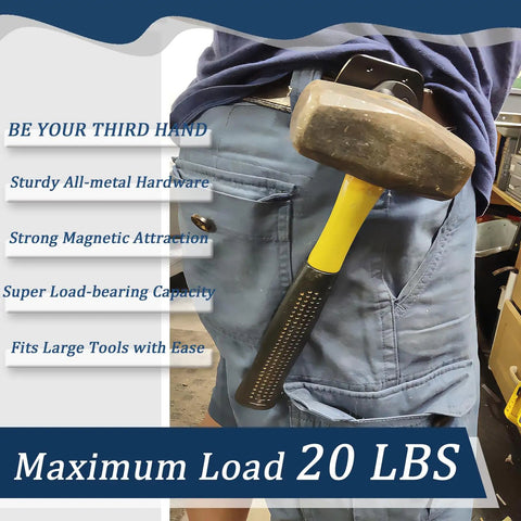 Person using Heavy Duty Magnetic Tool Belt Clip Holster For Screws Nails Hammer Pliers Sockets And More All Metal Build