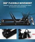 Close-up of black 360° swivel casters on Heavy Duty 1500Lb Hydraulic Motorcycle Lift Jack for Dirt Bikes and ATVs
