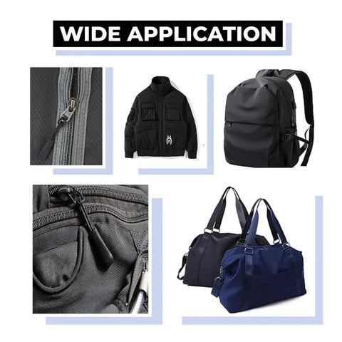 Zipper Pull Replacement Kit For Backpacks And Luggage With Heavy Duty Extender Cord And No Slip Grip shown on bags and jackets
