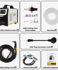 Beast 50 Amp Plasma Cutter With Pilot Arc And Dual Voltage 110V And 220V, components shown: torch, hose, cord, and manual.