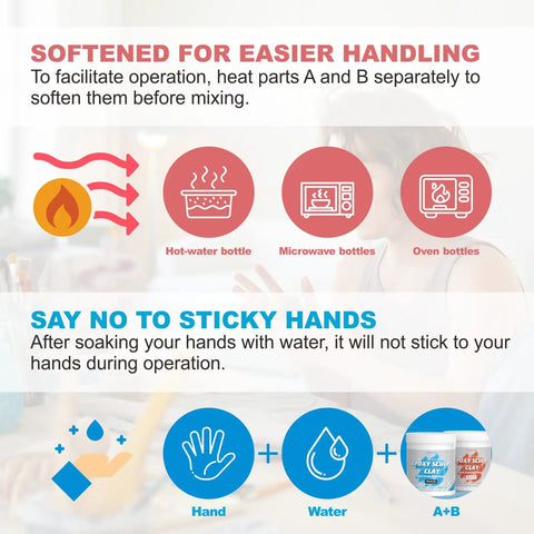 Instructions for softening One Pound White Epoxy Putty Sculpt Clay Two Part A And B for easier handling, showing hot-water, microwave, and oven options.