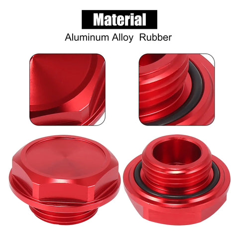 Red Aluminum Oil Filler Cap Plug Cover For Toyota Vehicles Aimed At Highlander RAV4 Yaris Camry Corolla Tacoma Land Cruiser And More Durable Stylish Engine Bay Accessory With Easy Install, showing material details.
