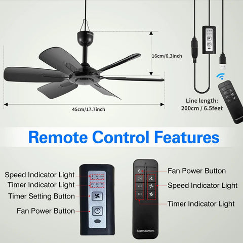 Chillin Portable Ceiling Fan With Remote For Indoor Outdoor Use, 3 Speed Adjustable, USB Powered 5V DC, 6 Blades, fan size shown