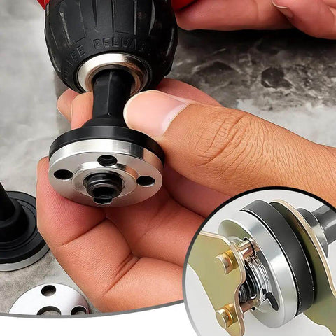 Close-up of Heavy Duty Electric Drill Angle Grinder Connecting Rod Set with metal adapter and wrench for cutting and polishing discs.