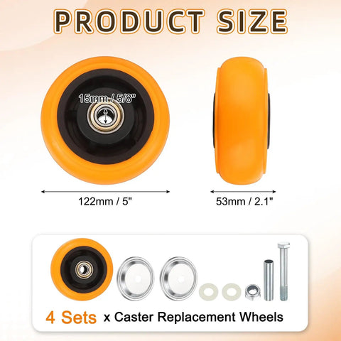 Super Tough 4 Pack 5 Inch Heavy Duty Rolling Caster Wheels Five Eighth Inch Bore Industrial Replacement Casters showing sizes and components.
