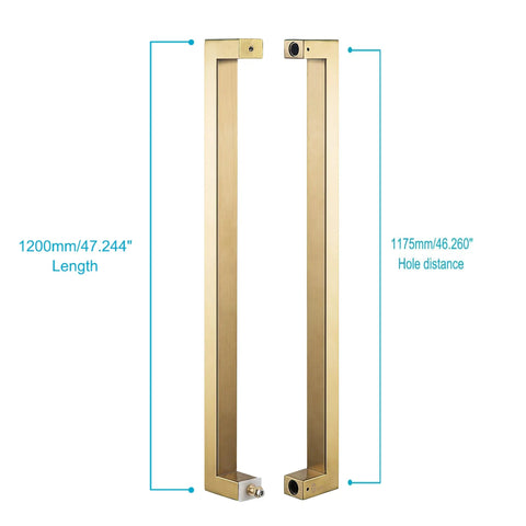 Beefy Heavy Duty Satin Gold Stainless Steel Push Pull Door Handle For Barn And Glass Doors 48 Inch With 304 Solid Standoffs And 4 Hex Socket Screws Square Or Rectangle Style One Point Two Millimeter Thick., 1200mm pair handle set with 1175mm hole distance