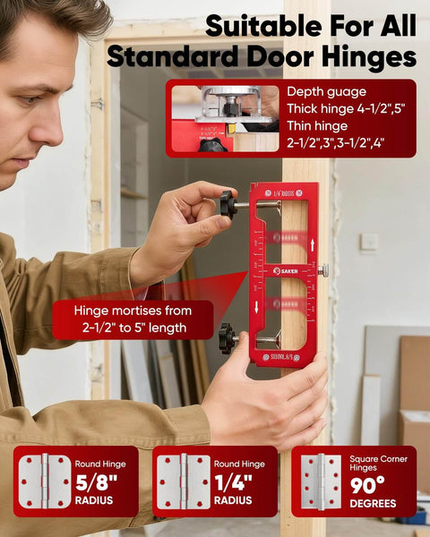 Person adjusting Adjustable Door Hinge Jig For Aluminum Alloy Doors Router Template Fits Hinges From Two And A Half To Five Inches In Length And Thickness Radius One Quarter Inch Or Five Eighths Inch Durable Jamb Hinge Jig For Precise Installations Easy Setup And on a door frame
