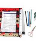 Zippered Coupon Binder Organizer With Stripes And Skull Crossbones Design For Deals On The Go next to stationery items and paper.