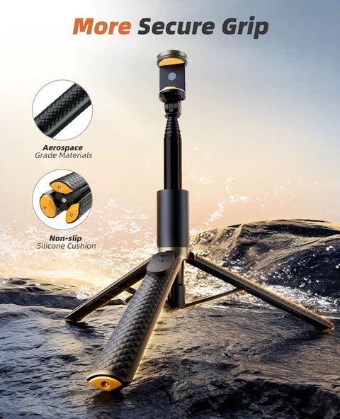 All In One Phone Tripod And Selfie Stick With Remote For iPhone And Android ultra portable, lightweight with secure grips on rocks.