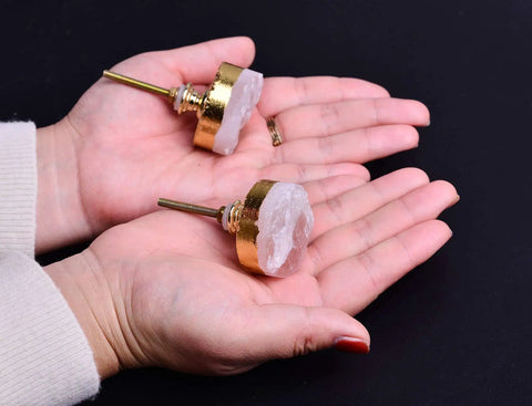 Rose Quartz Crystal Cabinet Knobs Set of 4 Gold Plated Round Dresser and Cupboard Drawer Handles Pink Stone Kitchen Cabinet Hardware
