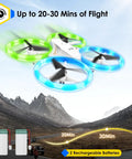 Kids RC Drone With LED Lights For Beginners Indoor Outdoor Mini Quadcopter With 3D Flip And Two Rechargeable Batteries Gift For Boys And Girls White For Birthday Fun flying with LED lights in a mountainous landscape.