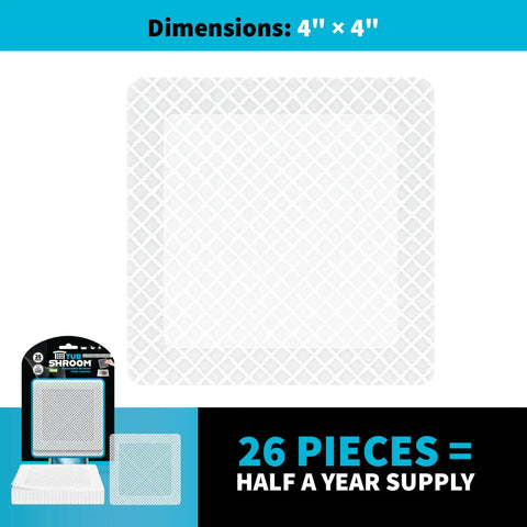 26 Pack Square Disposable Drain Hair Catcher Mesh Strainer Stickers For Shower Bathtub And Sink Keeps Your Plugs Tight Real Solid Pick No Mess Setup Half Year Supply, 4x4 inch white mesh strainer.