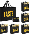 Five Senses Gift Bag Set For Him With Labels And Tissue Paper, medium black gift bags labeled Taste, Touch, Sight, Smell, Sound