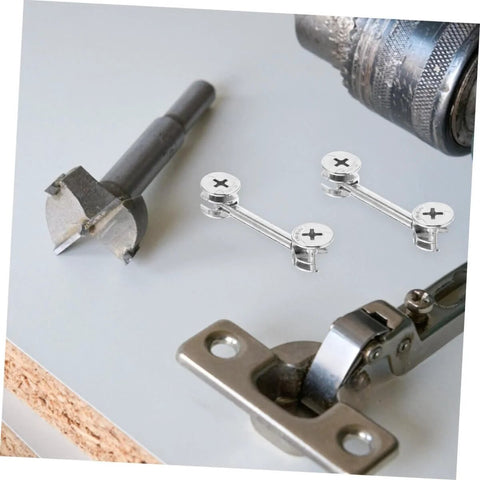 20 Sets Furniture Connecting Cam Fittings Kit Connectors Dowels For Cabinets, tools and fittings laid out for assembly