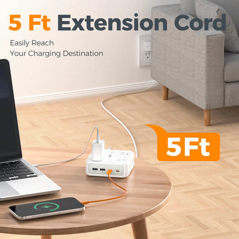 12 In 1 Power Strip With Surge Protection Boasts Eight Ac Outlets And Four Usb Ports Connected To A Five Foot Extension Cord with plugged devices.