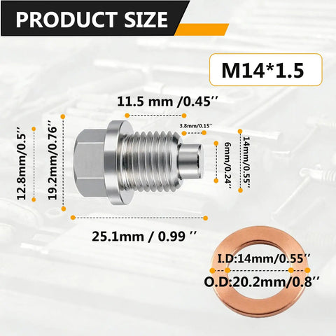 Dude Check This Out M14x1.5 Magnetic Stainless Steel Oil Drain Plug Kit With Copper Gasket For Cars Boats And Motorcycles No Leaks Allowed size view