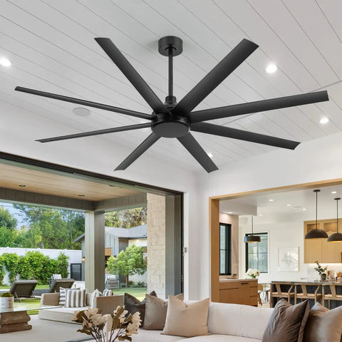65 Inch Ceiling Fan With Remote Control No Light Black DC Motor Ultra Quiet 8 Reversible Blades for indoors and outdoors installed in living room