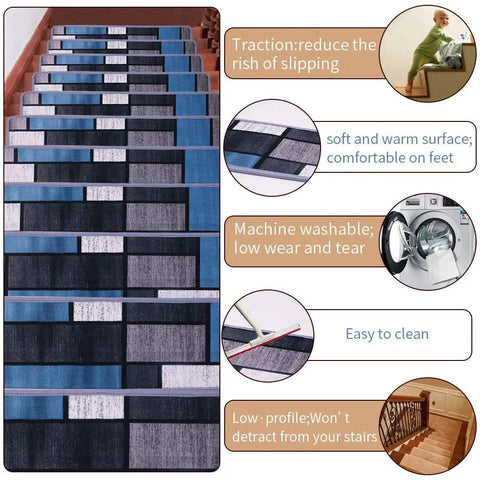 No Slip Stair Treads For Wooden Stairs 13 Pack 8 Inch By 30 Inch Indoor shown on staircase, blue grey, feature highlights