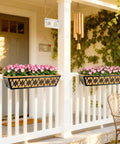 24 Inch Railing Planter Boxes 2 Pack With Adjustable Brackets And Coco Liners installed on porch railing, filled with flowers